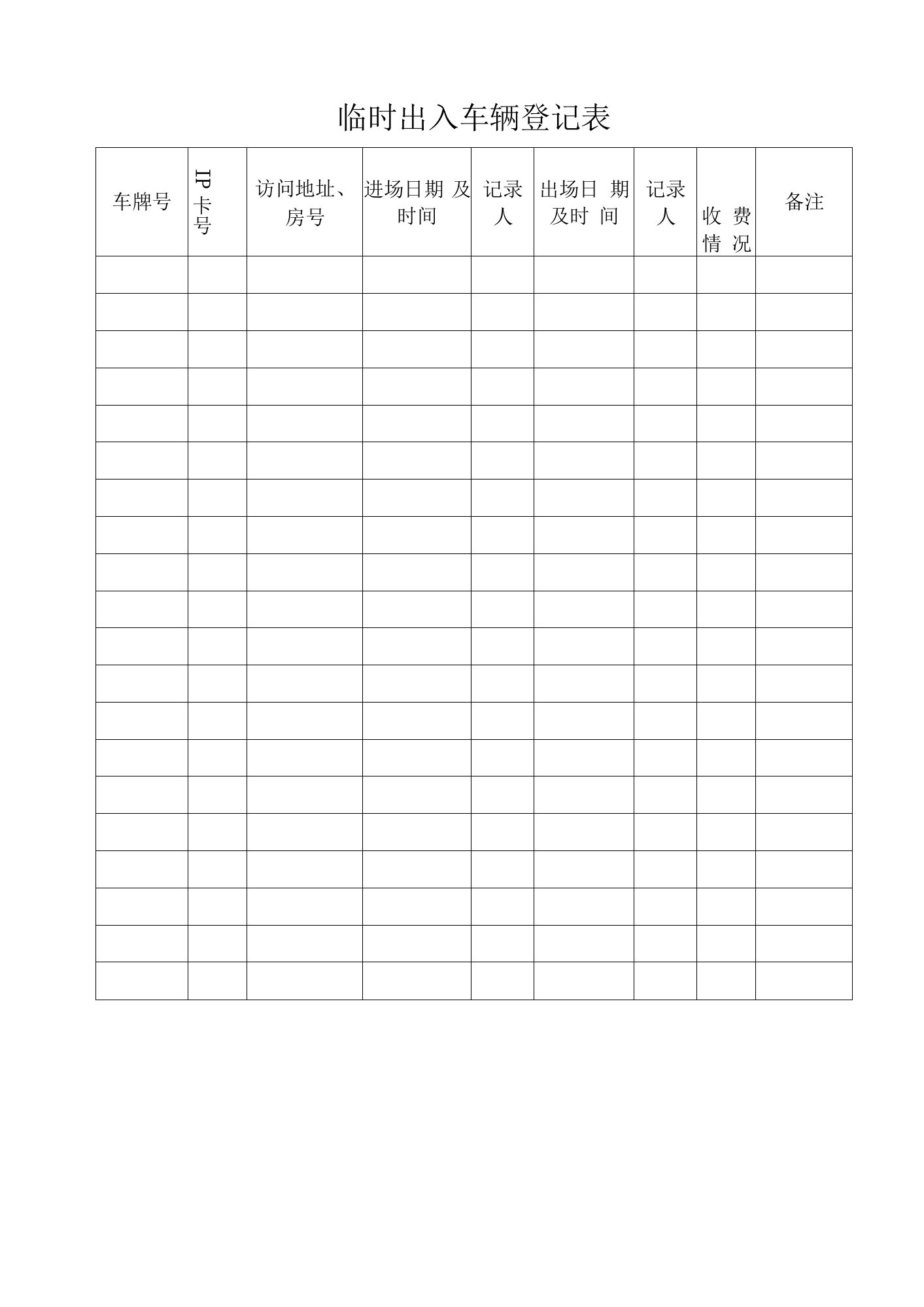 湖龙物业临时出入车辆登记表