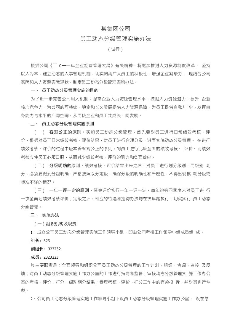 某集团公司员工动态分级管理实施办法