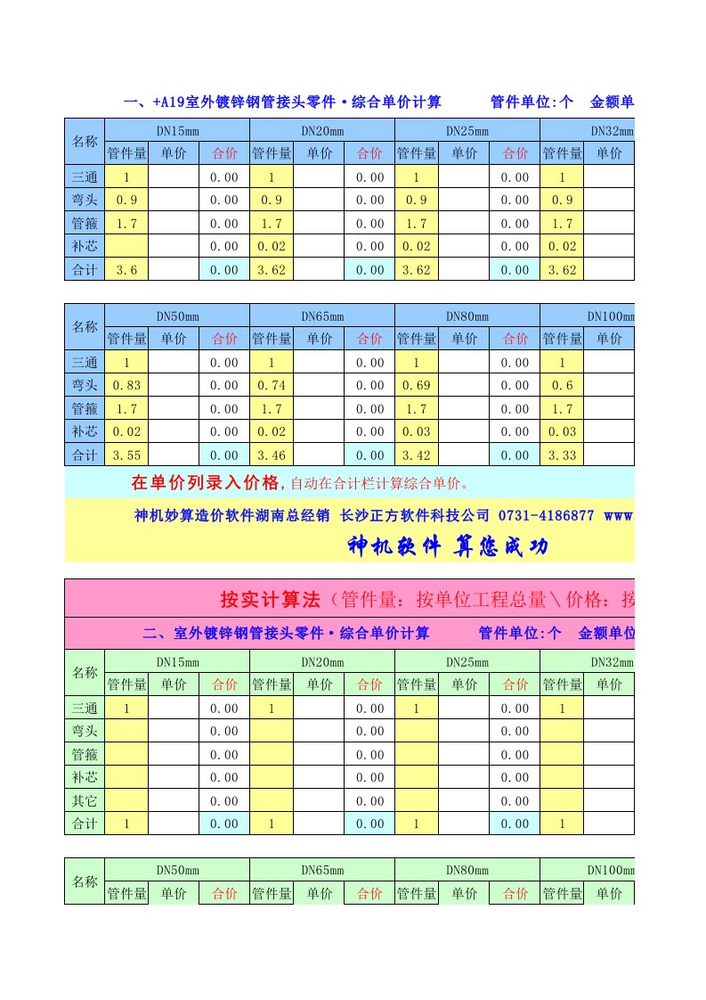 管道接头零件综合单价计算表