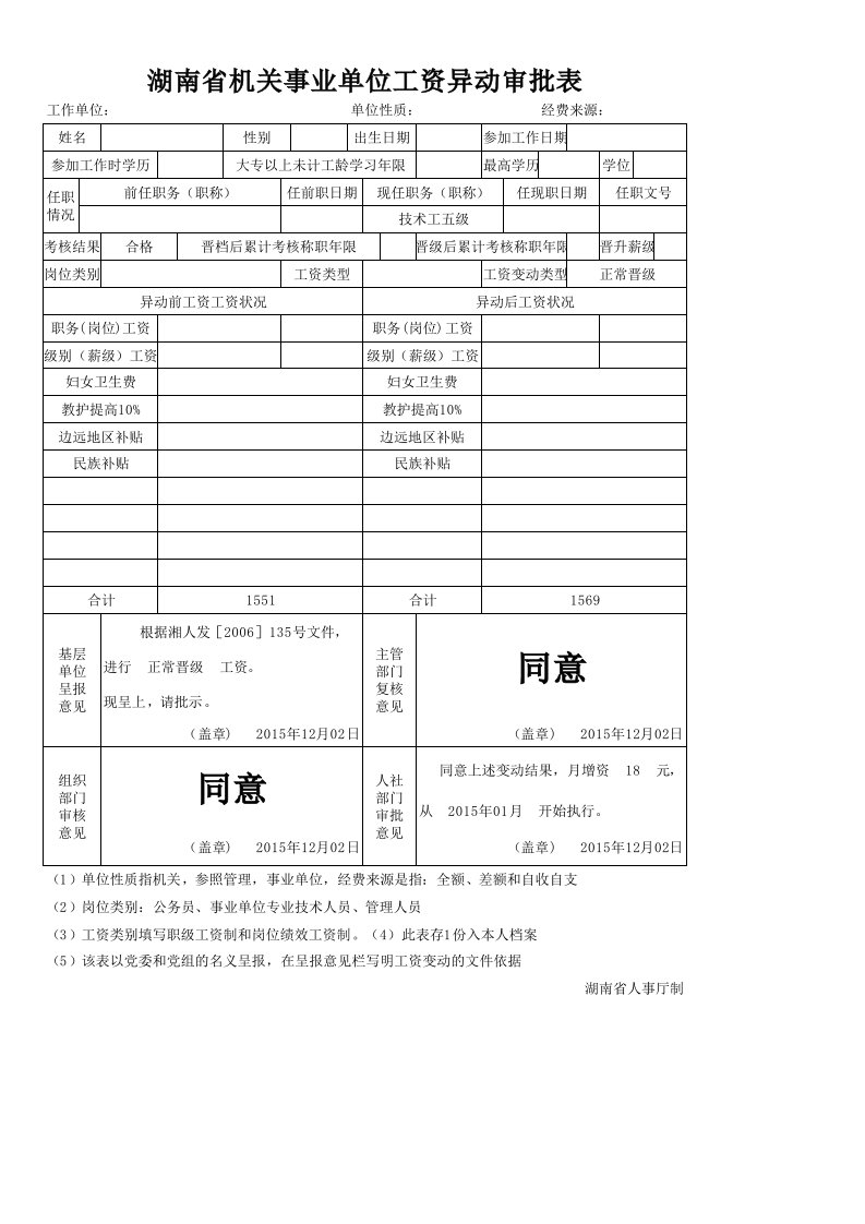 湖南省机关事业单位工资异动审批表