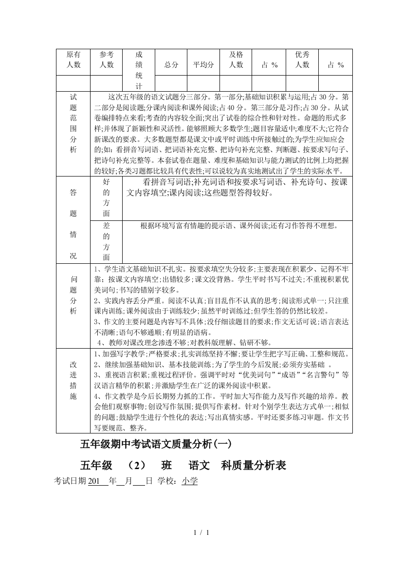 五年级期中考试语文质量分析(一)