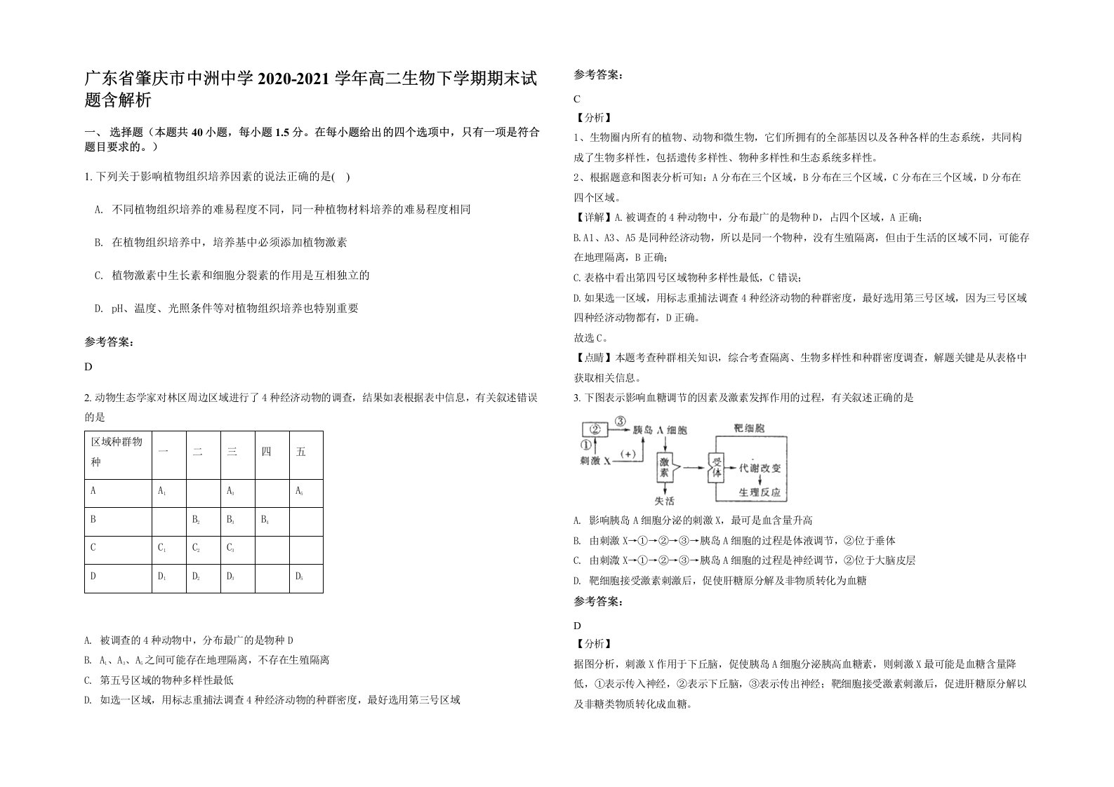 广东省肇庆市中洲中学2020-2021学年高二生物下学期期末试题含解析