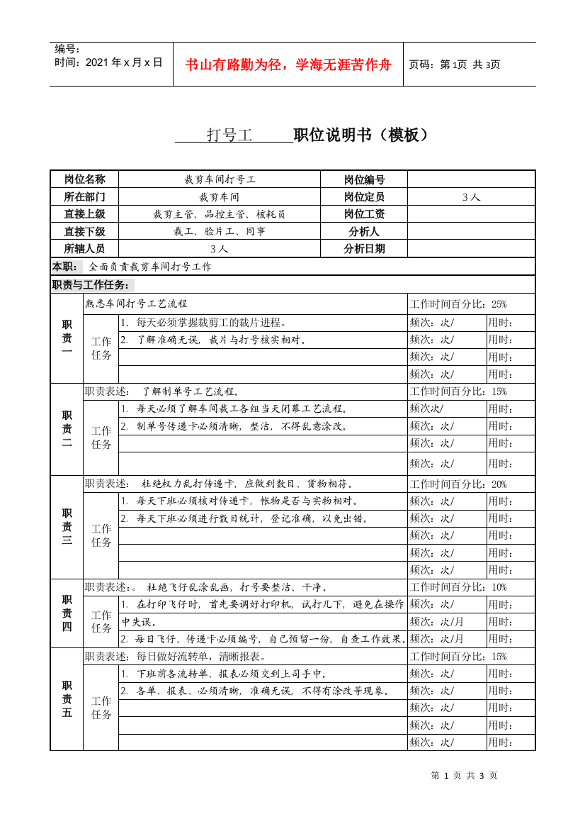 某服装生产企业生产部打号工职位说明书