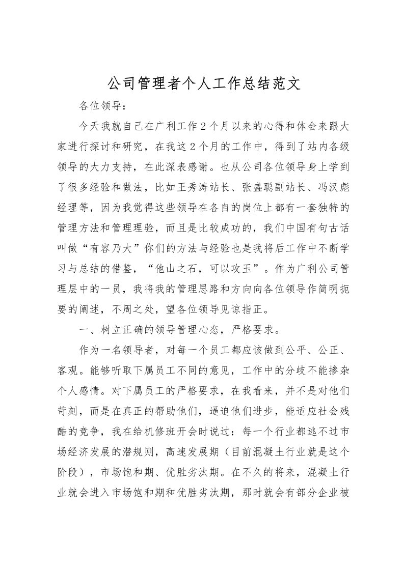 2022公司管理者个人工作总结范文