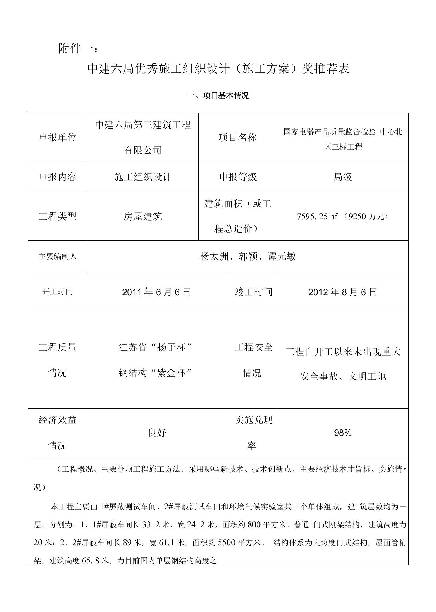 中建六局优秀施工组织设计(施工方案)奖推荐表