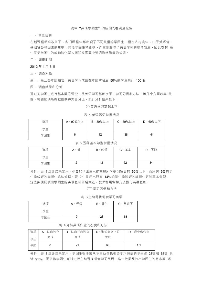 高中英语学困生调查报告