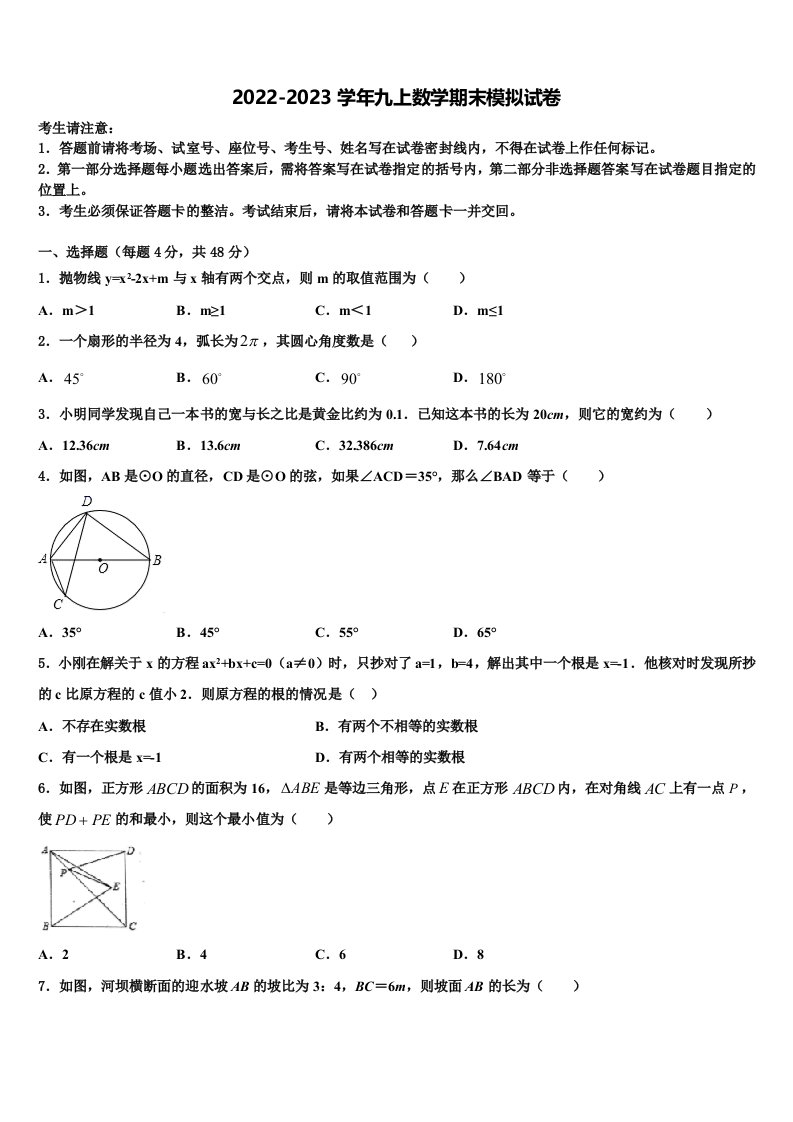 贵州省桐梓县2022年九年级数学第一学期期末学业水平测试模拟试题含解析