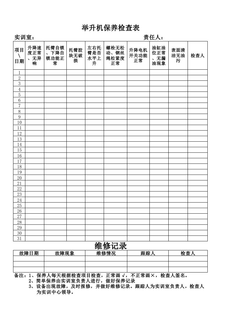 举升机安全检查表