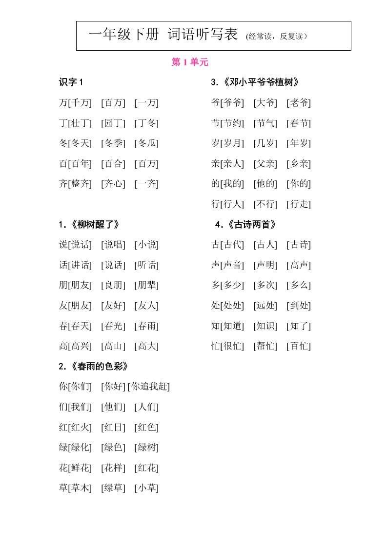 一年级下学期词语听写表(二)