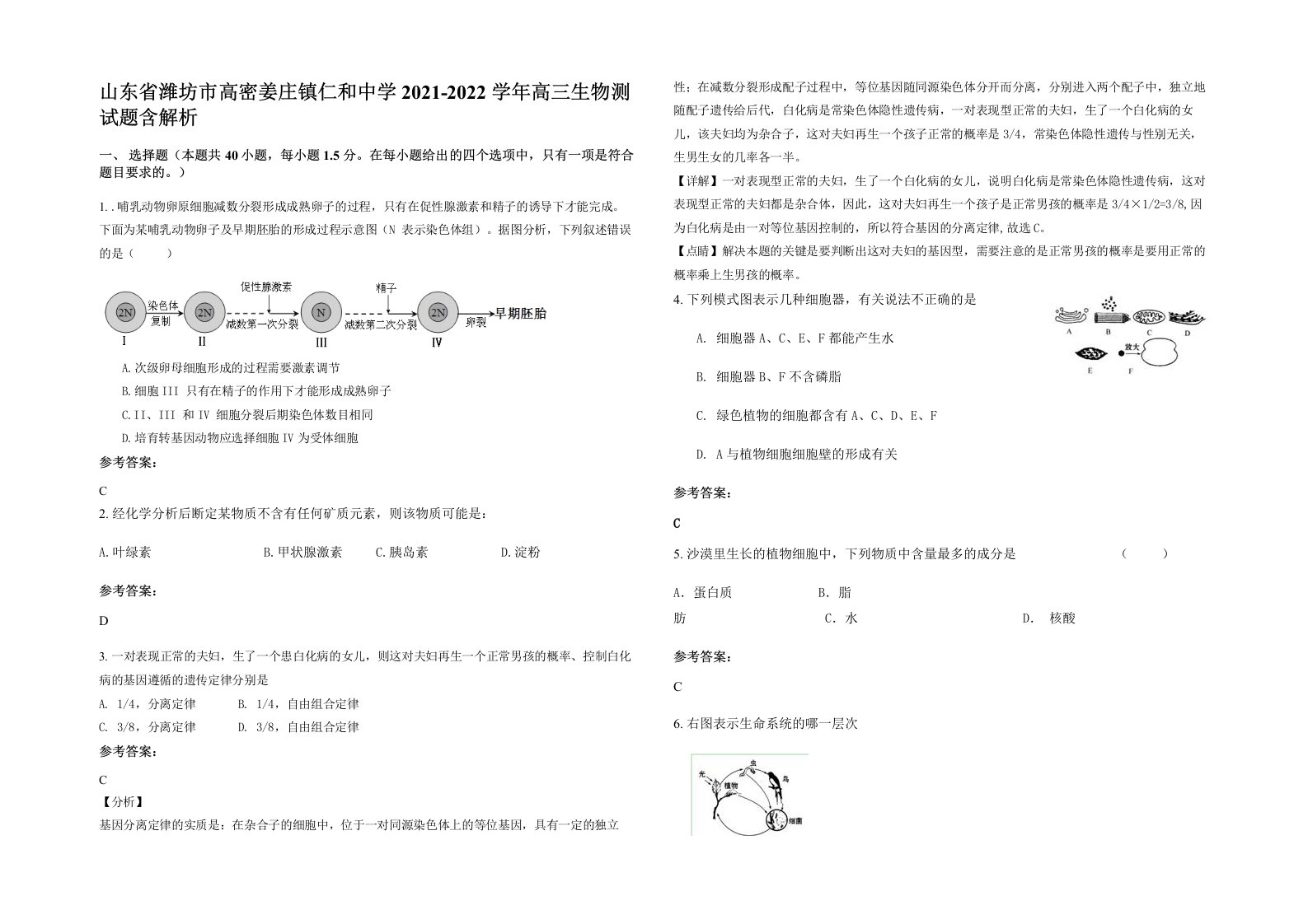 山东省潍坊市高密姜庄镇仁和中学2021-2022学年高三生物测试题含解析