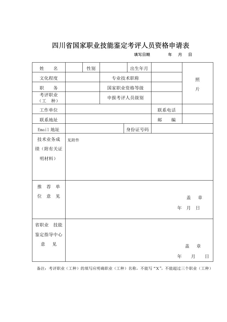 四川国家职业技能鉴定考评人员资格申请表