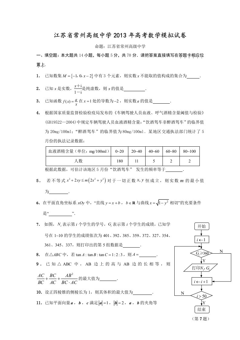 江苏省常州高级中学高考数学模拟试卷