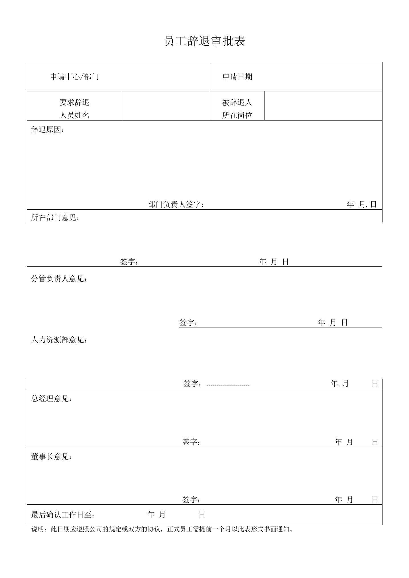 员工辞退审批表