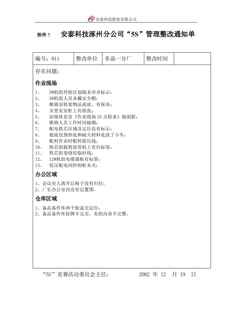 安泰科技“5S”竞赛整改通知单（非晶）