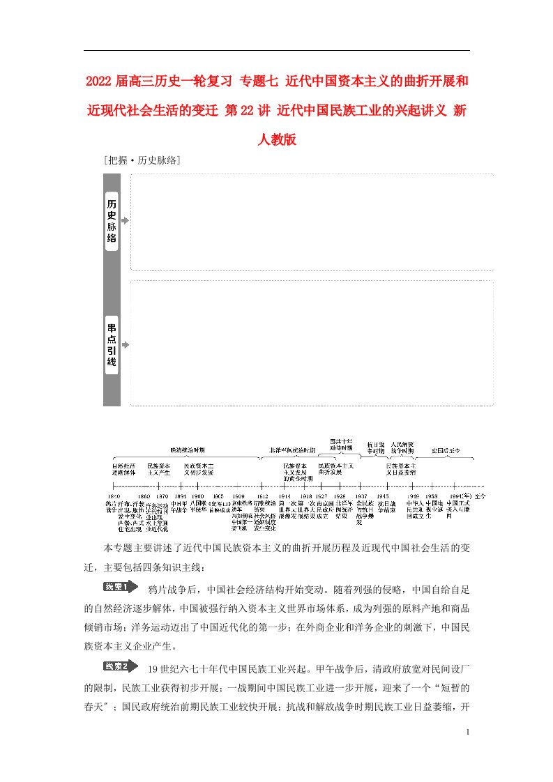 2022届高三历史一轮复习专题七近代中国资本主义的曲折发展和近现代社会生活的变迁第22讲近代中国民族工业的兴起讲义新人教版