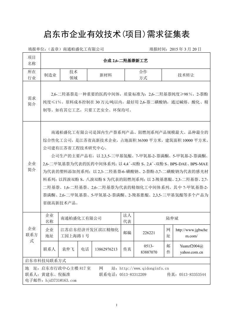 启东市企业有效技术项目需求征集表