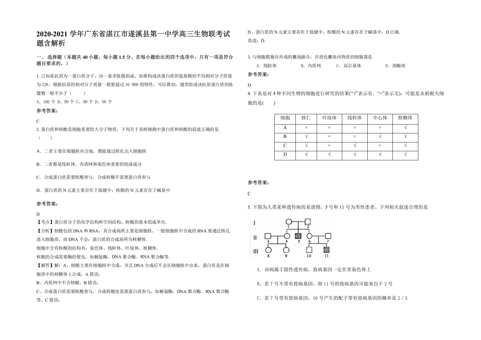 2020-2021学年广东省湛江市遂溪县第一中学高三生物联考试题含解析