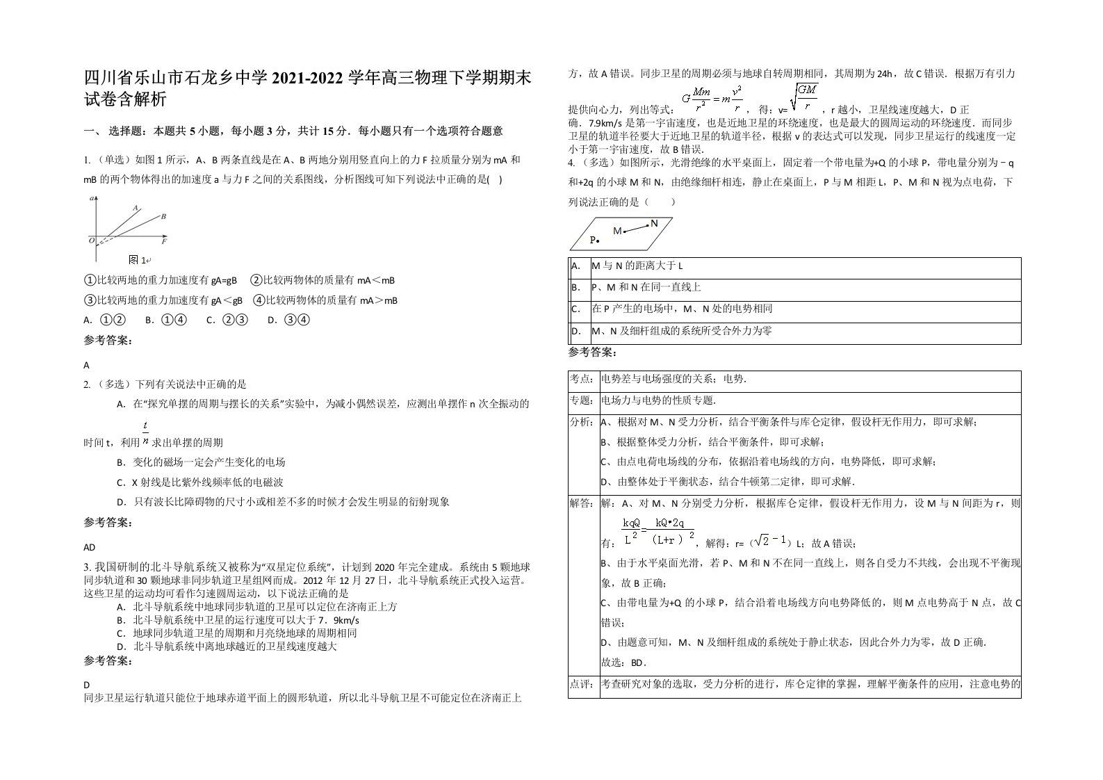 四川省乐山市石龙乡中学2021-2022学年高三物理下学期期末试卷含解析