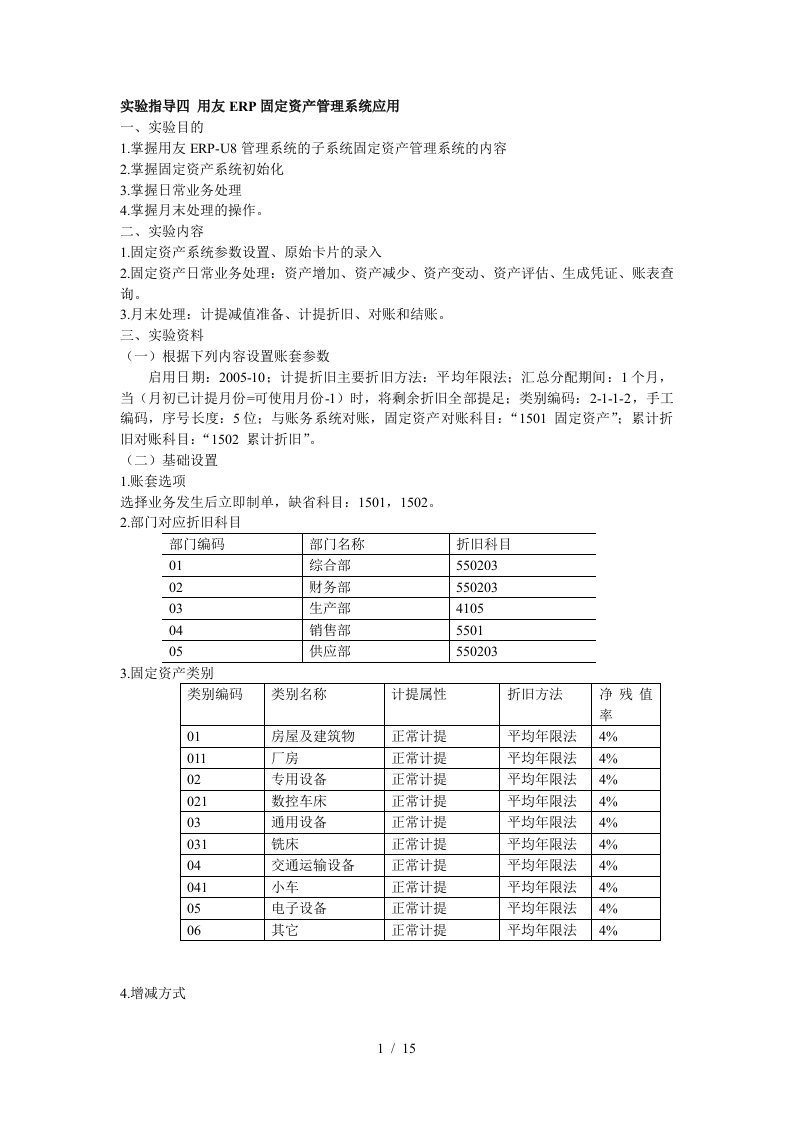 实验指导四用友ERP固定资产管理系统应用