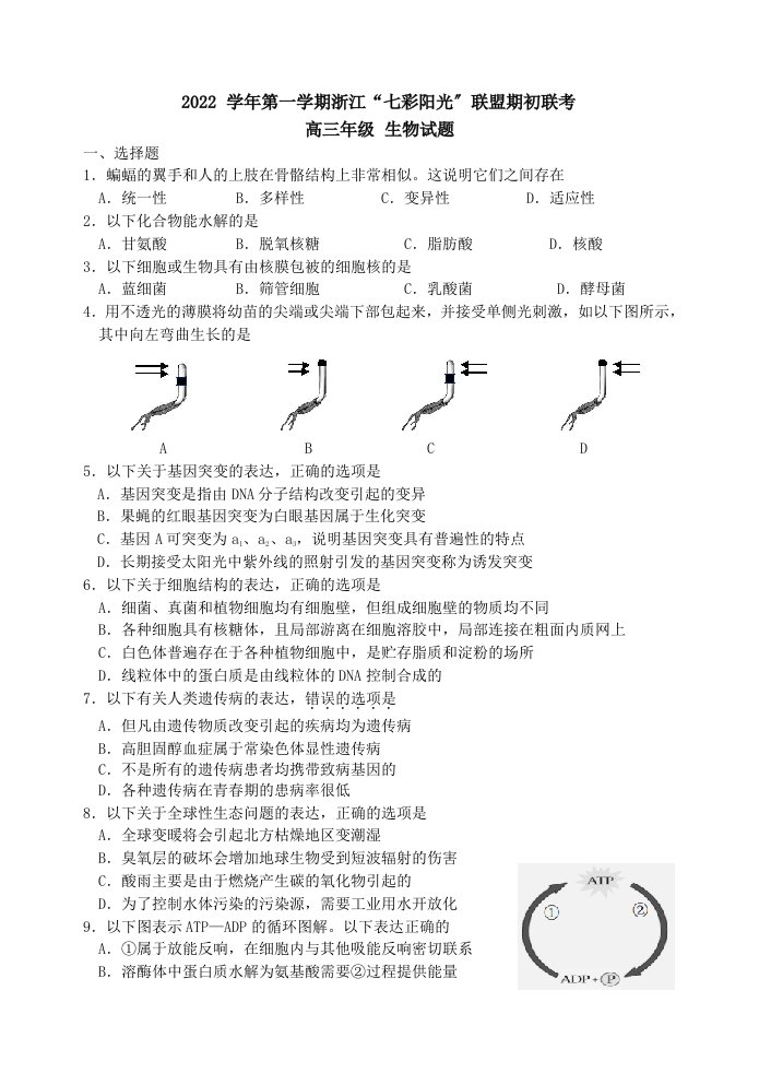 浙江2022-学年第一学期浙江“七彩阳光”联盟期初联考高三生物试题