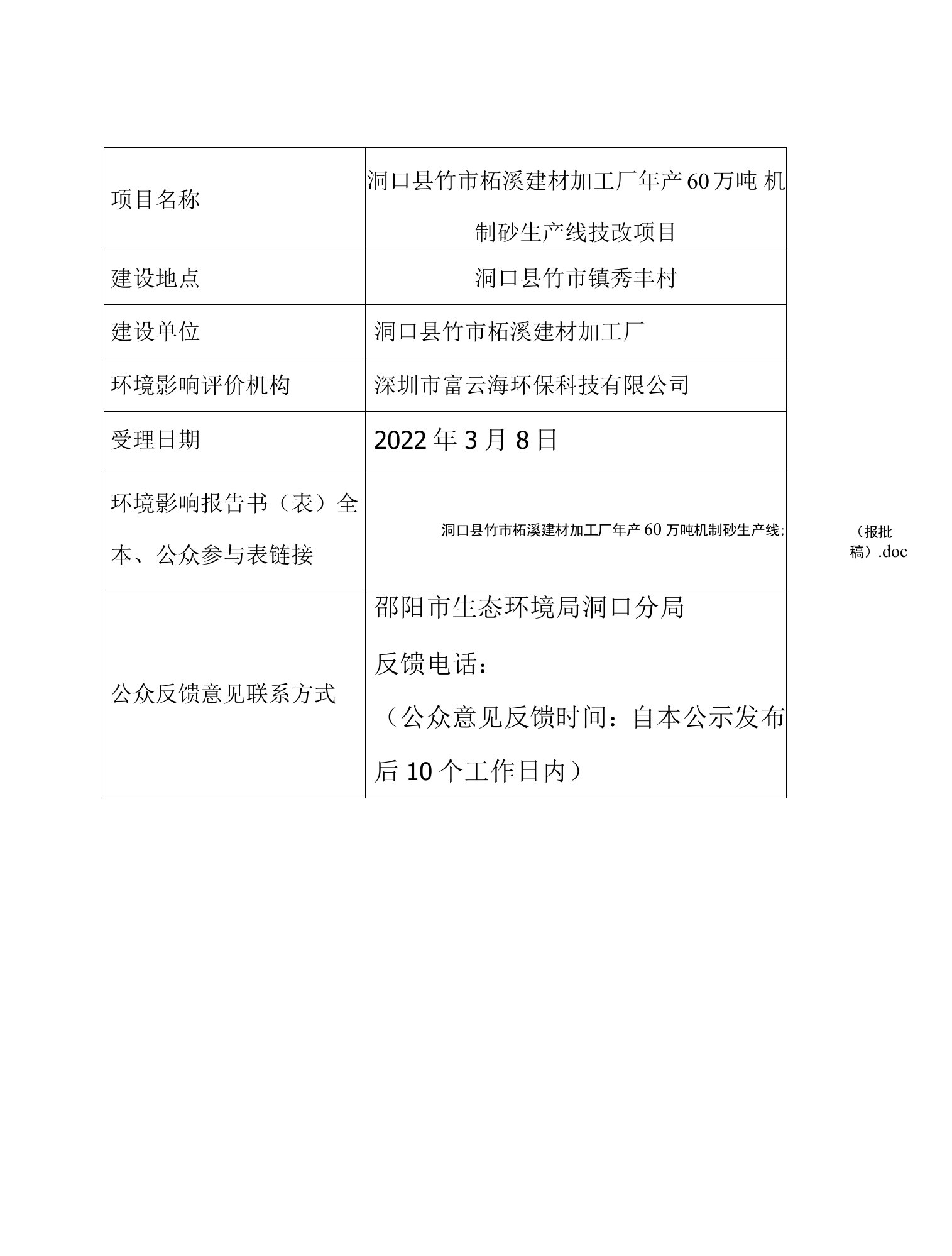 洞口县竹市柘溪建材加工厂年产60万吨机制砂生产线技改项目