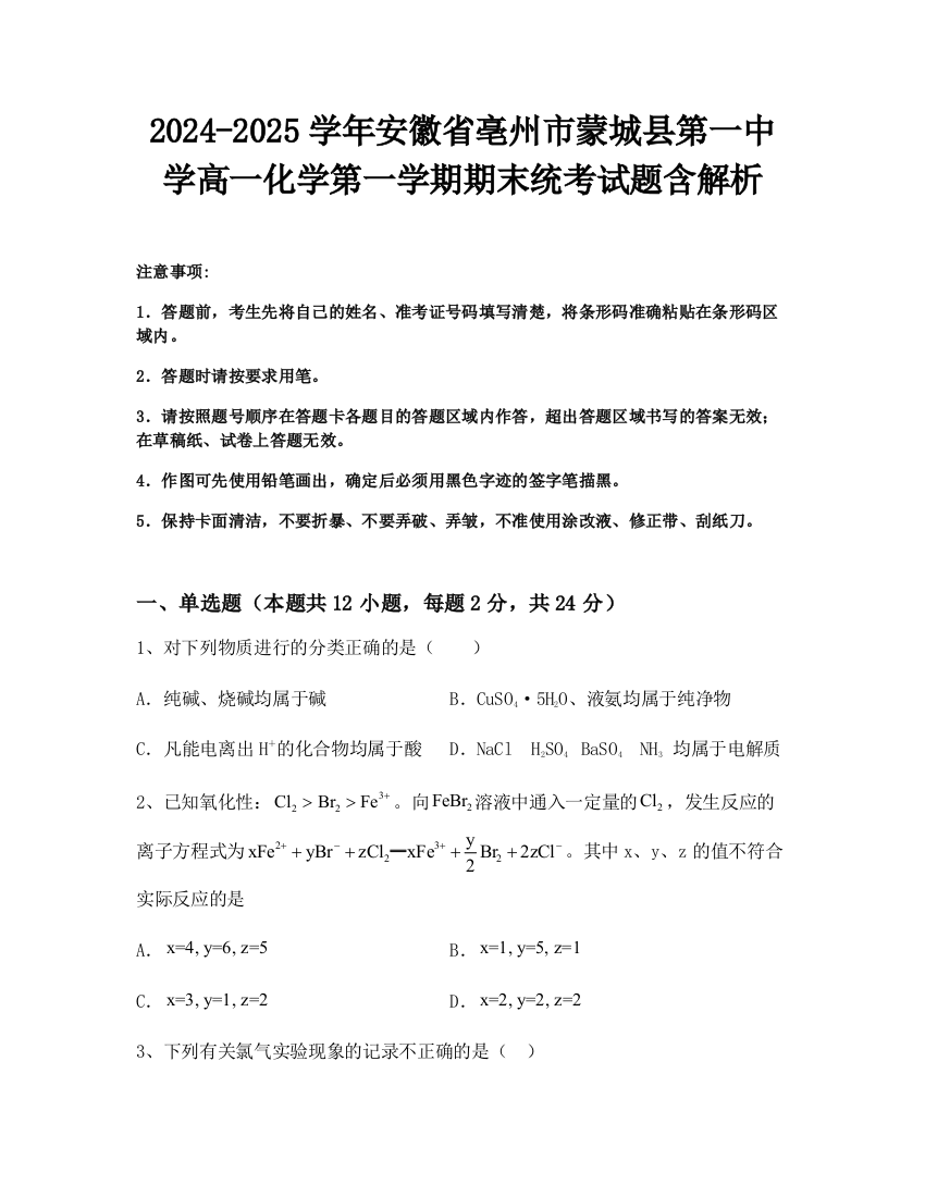 2024-2025学年安徽省亳州市蒙城县第一中学高一化学第一学期期末统考试题含解析