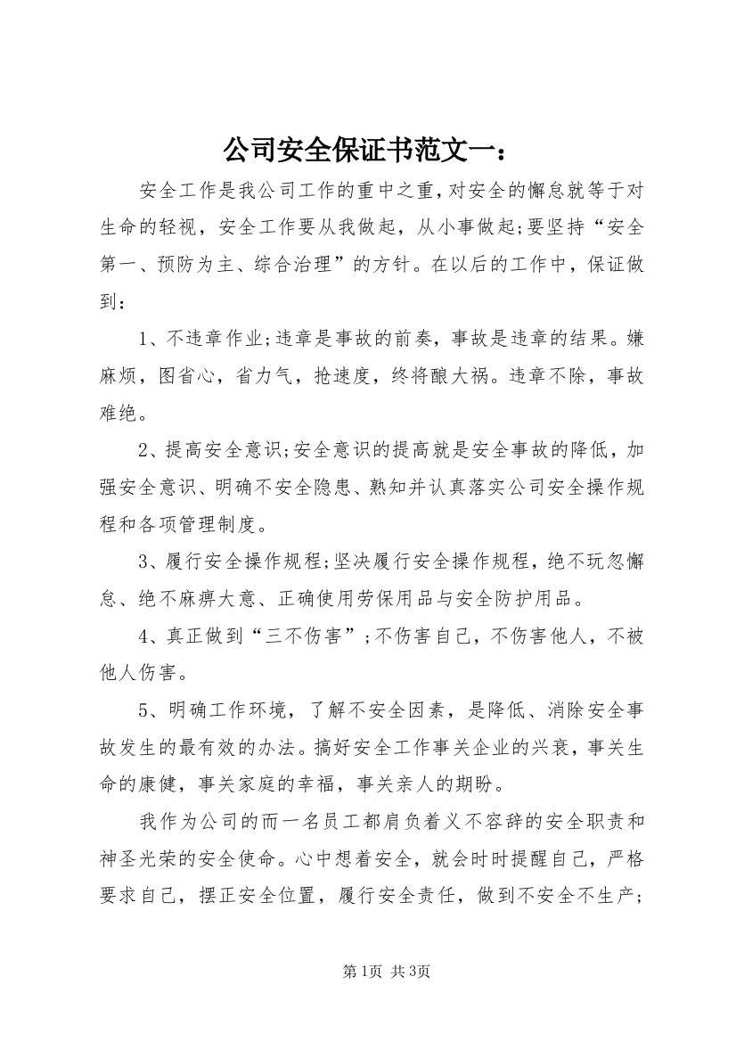 公司安全保证书范文一：