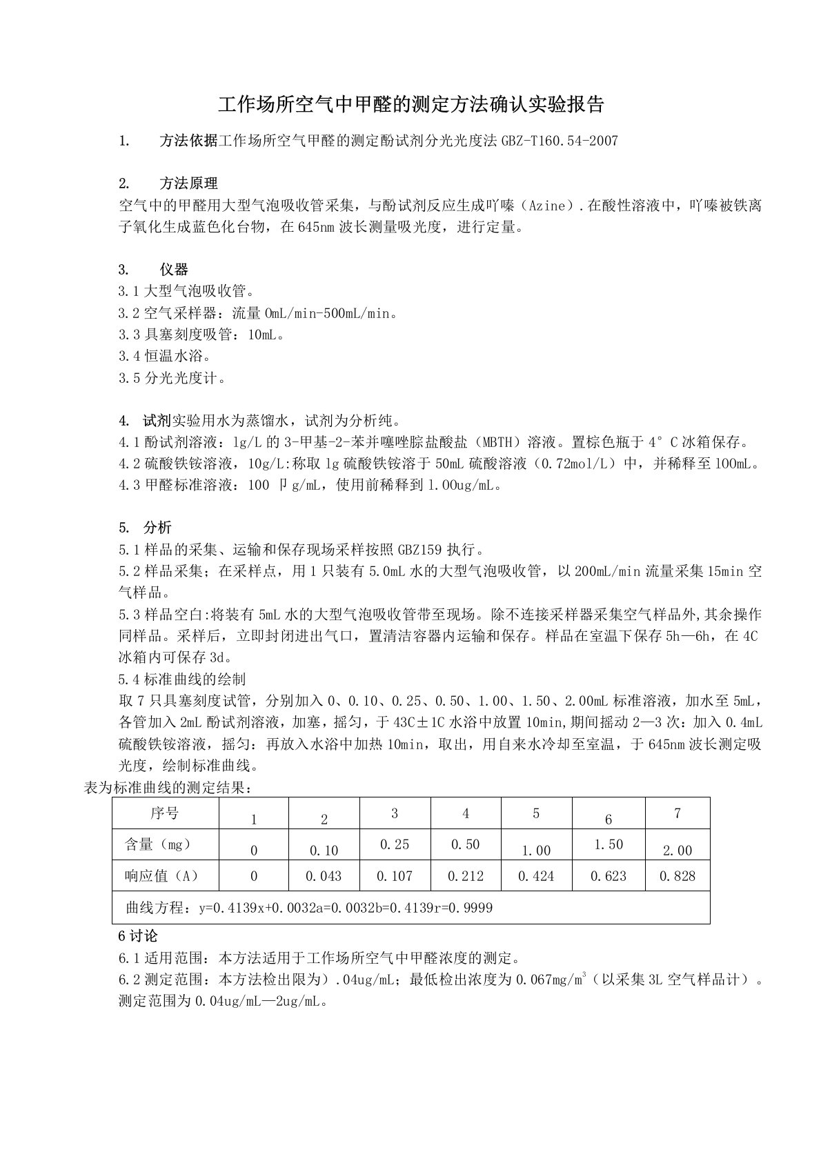 工作场所空气中甲醛的测定方法确认实验报告