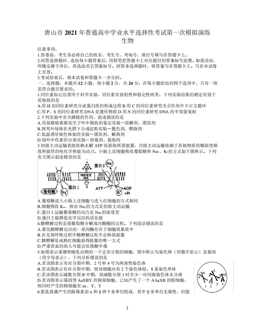 河北省唐山市2021届高三高考一模考试生物试题