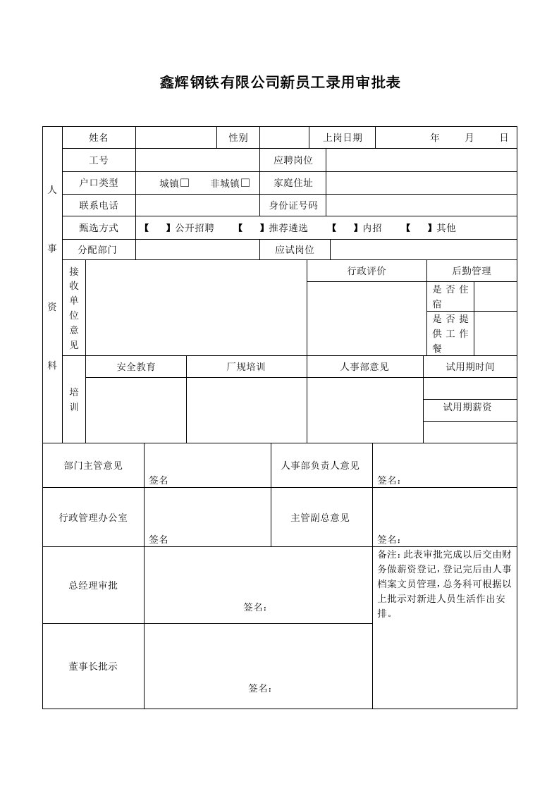 新进员工录用审批表