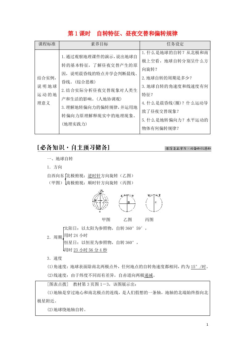 2021_2022年新教材高中地理第一章地球的运动第1节第1课时自转特征昼夜交替和偏转规律学案湘教版选择性必修1