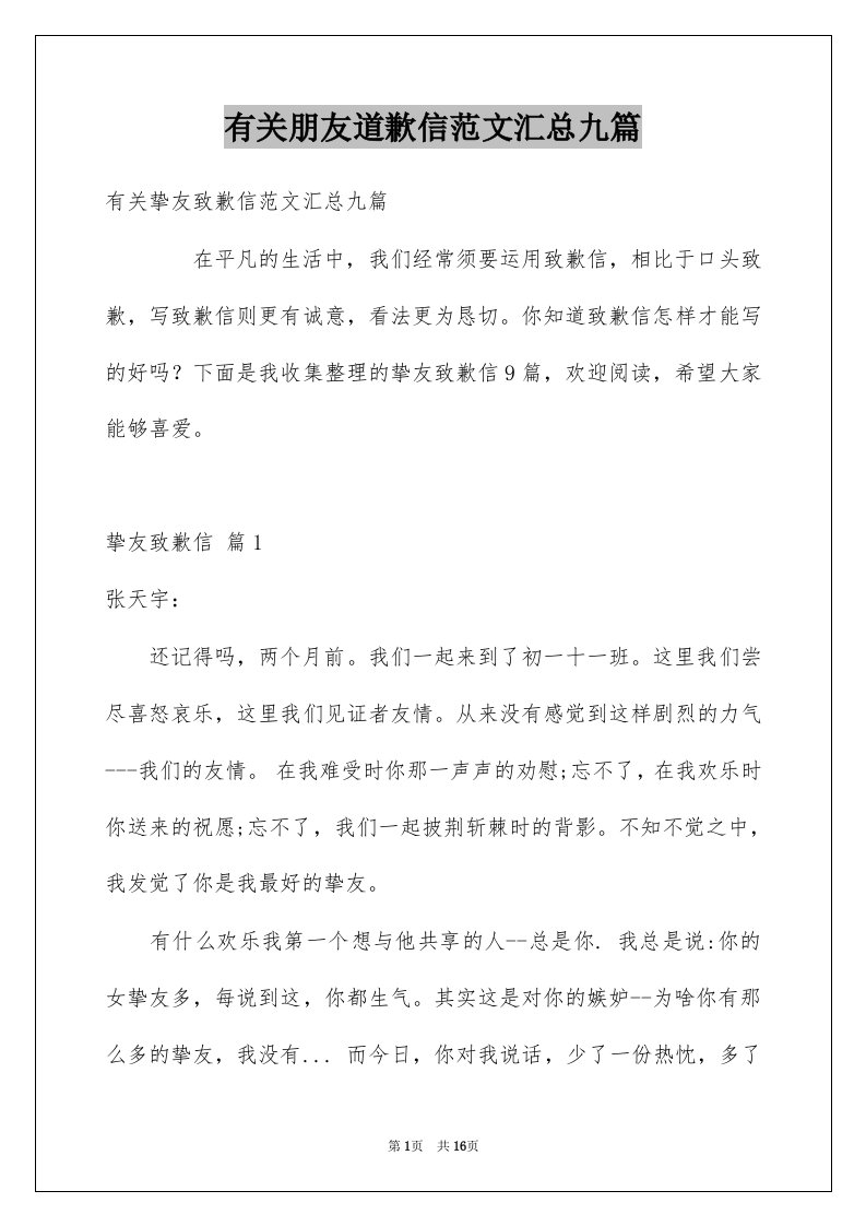 有关朋友道歉信范文汇总九篇