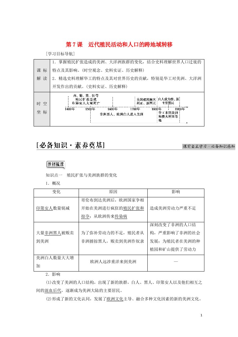 2021_2022年新教材高中历史第3单元人口迁徙文化交融与认同第7课近代殖民活动和人口的跨地域转移学案部编版选择性必修3