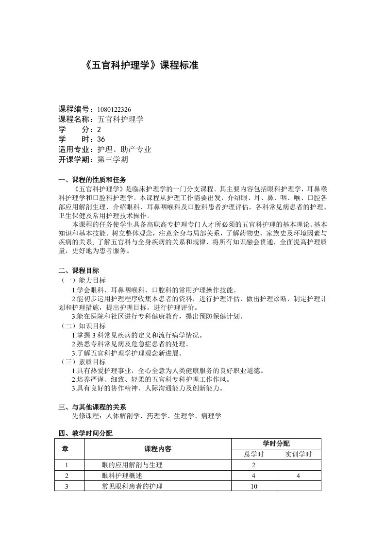 五官科护理学课程标准