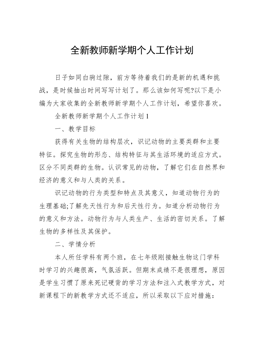 全新教师新学期个人工作计划