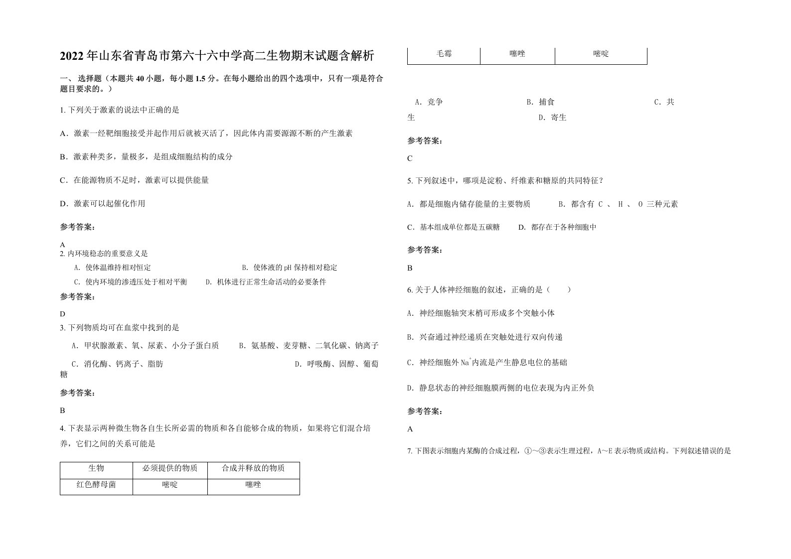 2022年山东省青岛市第六十六中学高二生物期末试题含解析