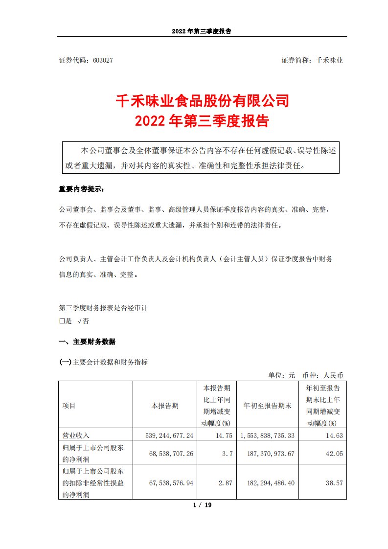 上交所-千禾味业食品股份有限公司2022年第三季度报告-20221028