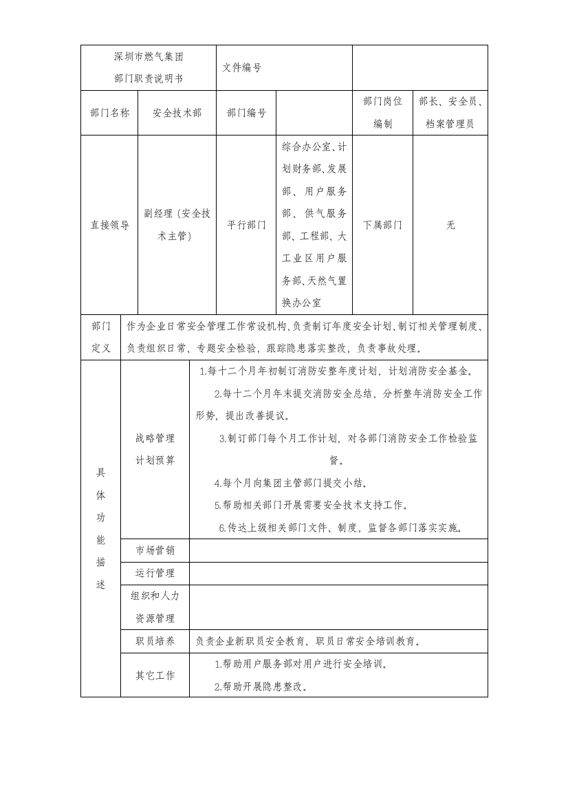 深圳公司部门职责说明书样本