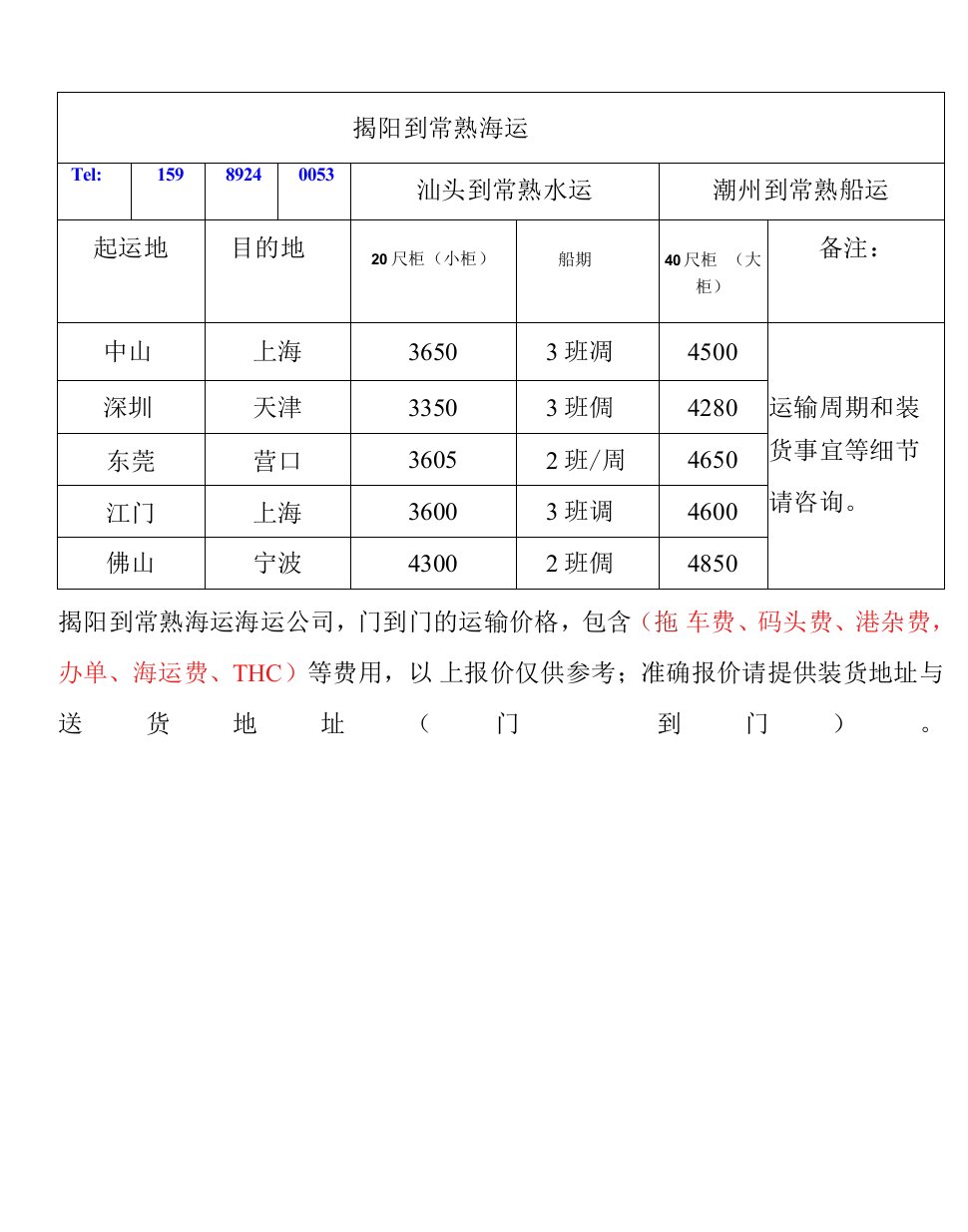 揭阳到常熟集装箱船运