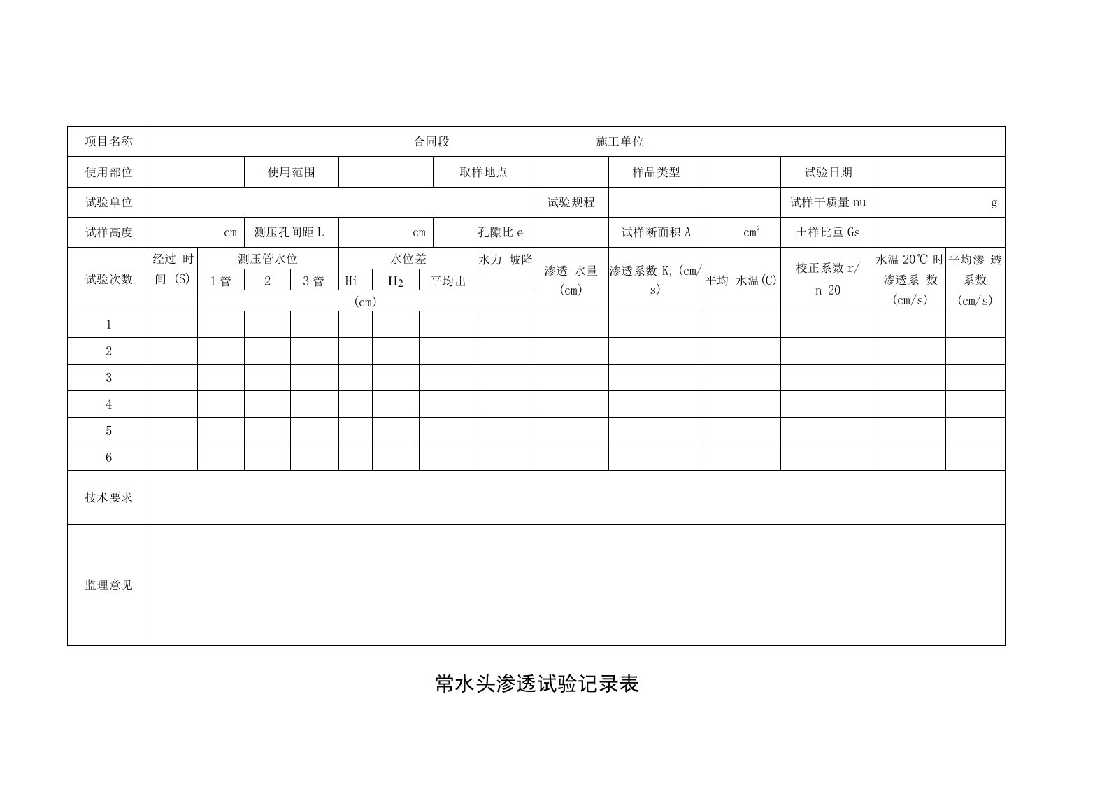 常水头渗透试验记录表