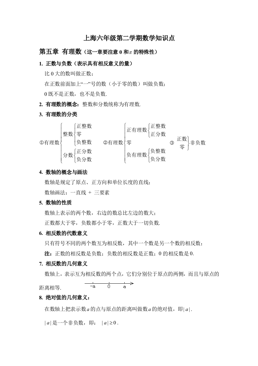 上海六年级第二学期数学知识点期中