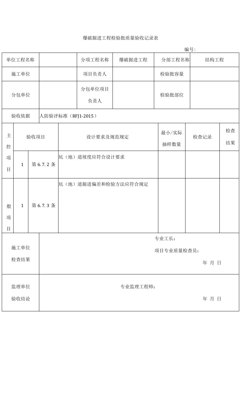 人防爆破掘进工程检验批质量验收记录表