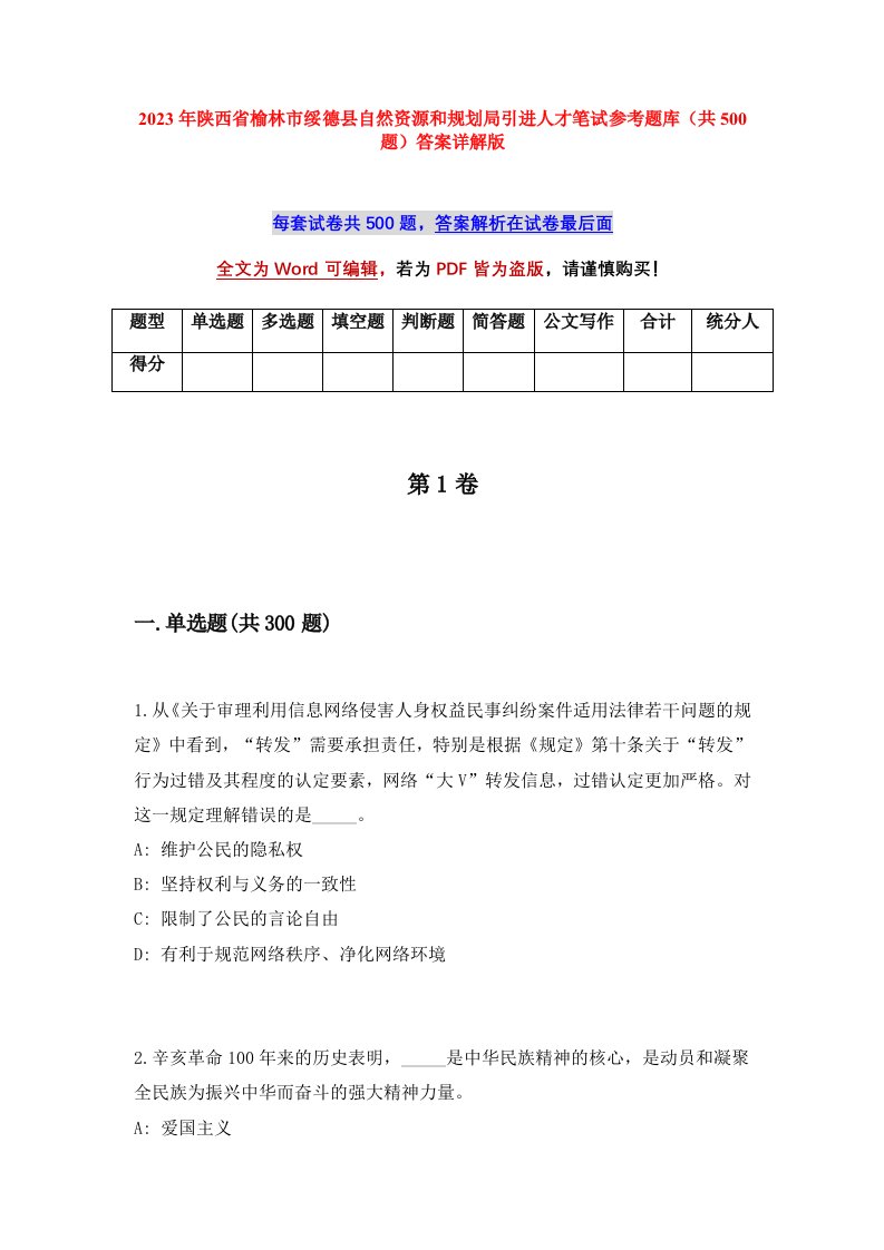 2023年陕西省榆林市绥德县自然资源和规划局引进人才笔试参考题库共500题答案详解版