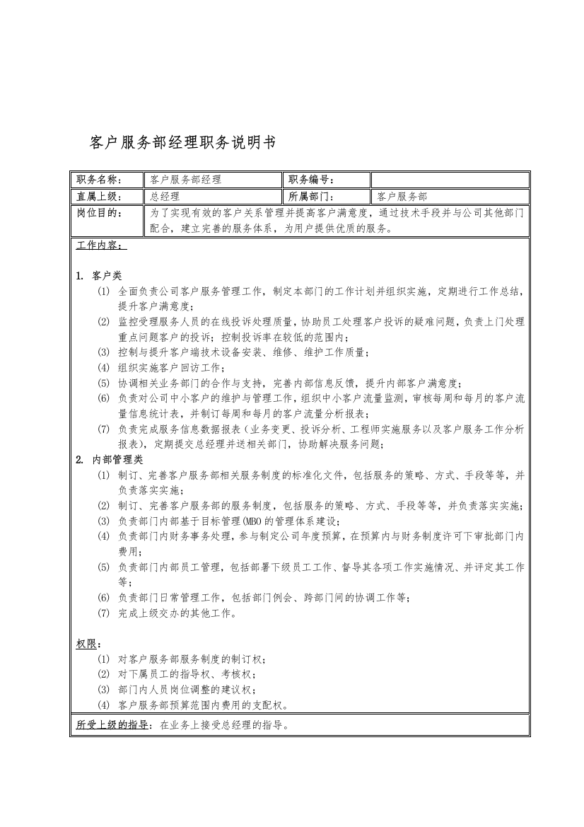 国安创想公司客户服务部经理职务说明书