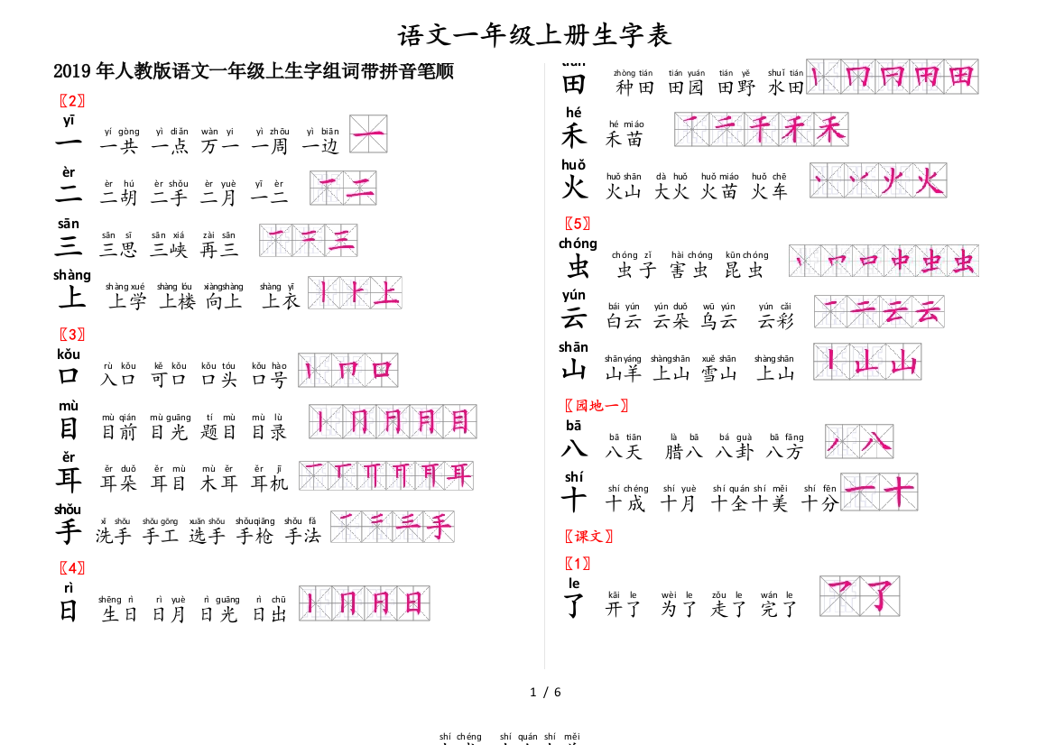 2019年人教版语文一年级上生字组词带拼音笔顺