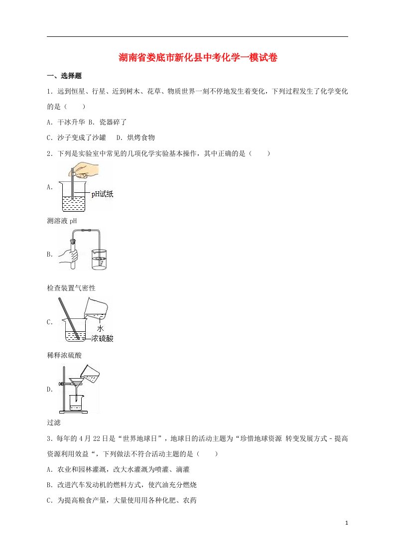 湖南省娄底市新化县中考化学一模试题（含解析）