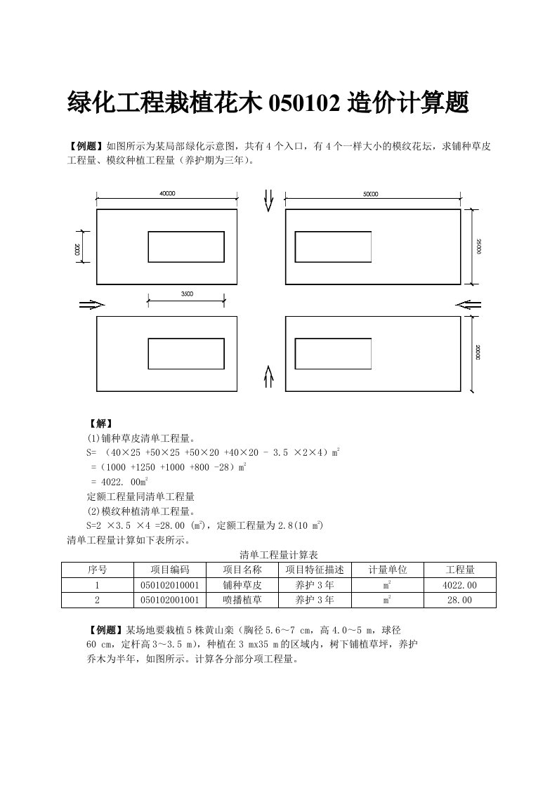 绿化工程栽植花木050102造价计算题