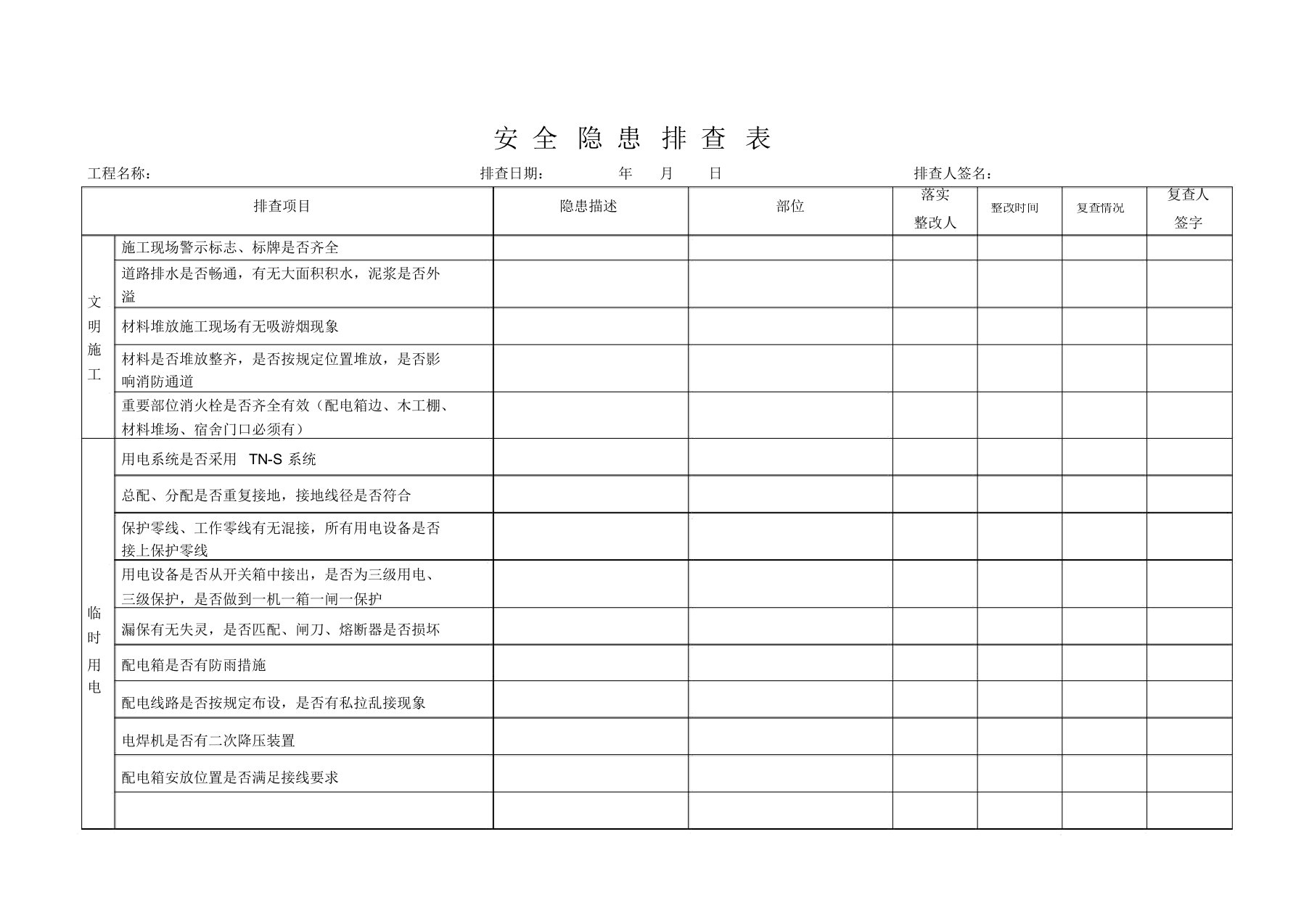 公路工程施工现场安全隐患排查表