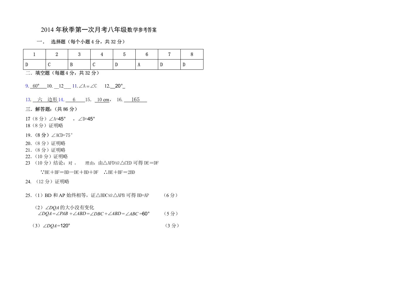 【小学中学教育精选】2014年秋季八年数学月考参考答案