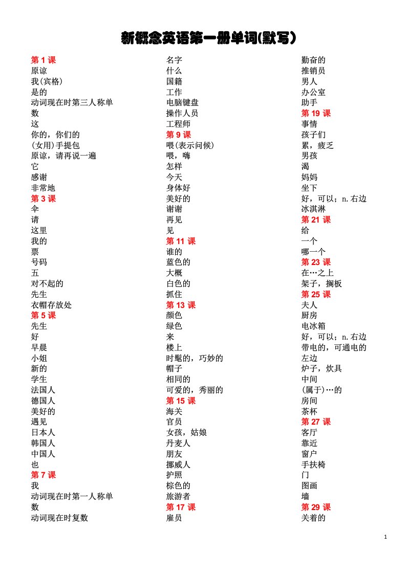 新概念1英语第一册单词表汉译英(默写)可打印版